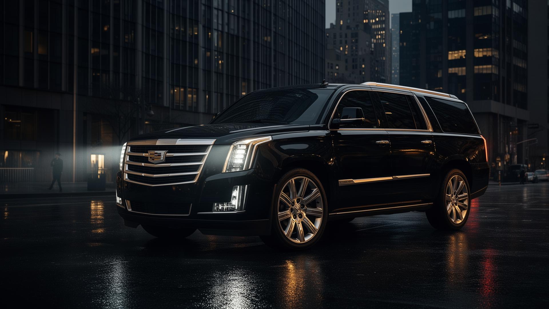 Premium black executive SUV at night in Manhattan